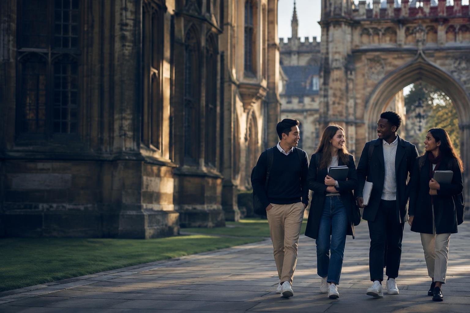 International students walking through a British university courtyard