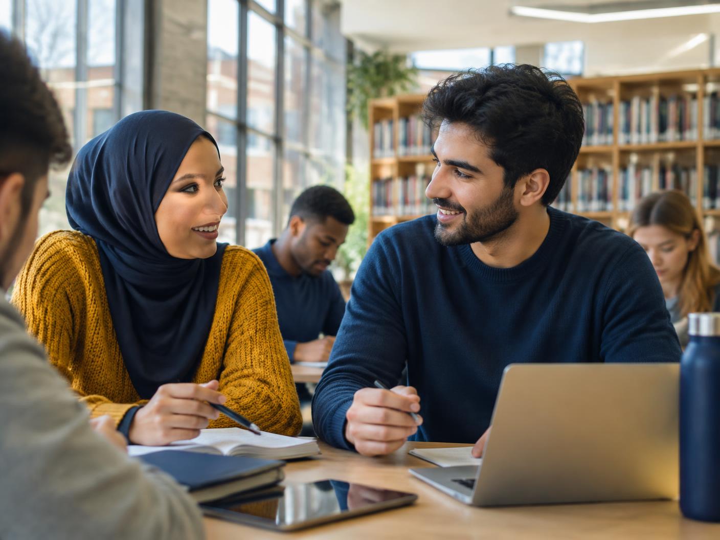 International students collaborating in a college library